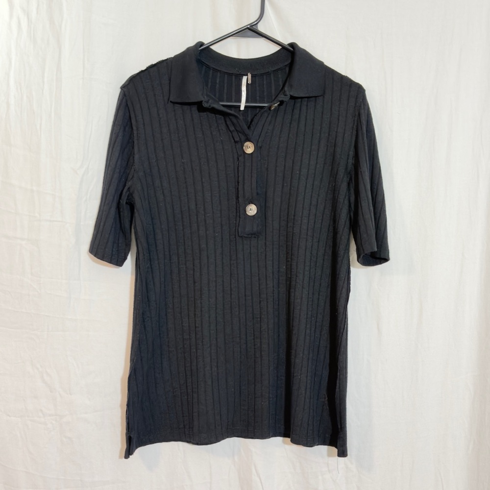 Free People Heart Strings Short Sleeve Ribbed Polo Shirt Women's Size S